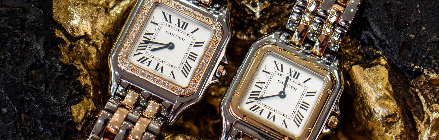 Two ornate watches with gold and silver straps on a rocky background